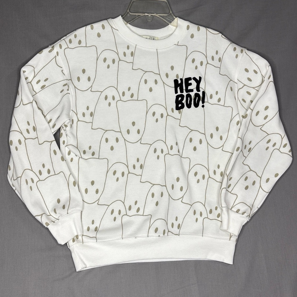 Wound Up White Hey Boo! Crewneck Long Sleeves Sweatshirt XS 0-2 Women Cute Ghost